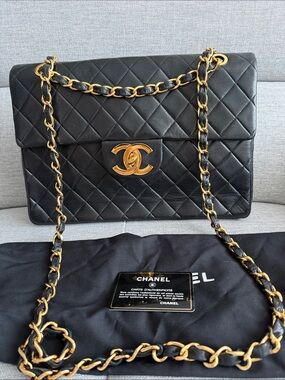 XL Jumbo Vintage CHANEL Black Quilted Lambskin Shoulder Bag with Gold Hardware